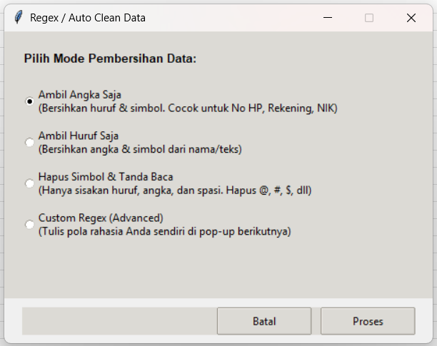 Tampilan Pop-up Pilihan Mode Pembersihan Data Regex