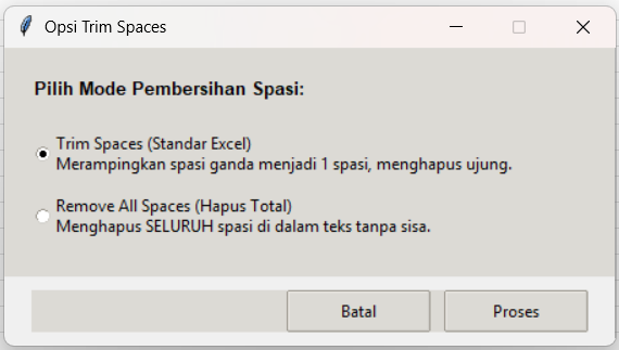 Tampilan Pop-up Pilihan Mode Trim Spaces